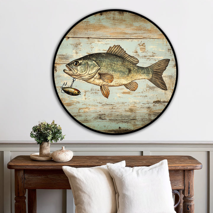 Highlighting the clean black edge, the bass fish oil painting art prints appear on a round, wood-look surface with a vintage, rustic texture.