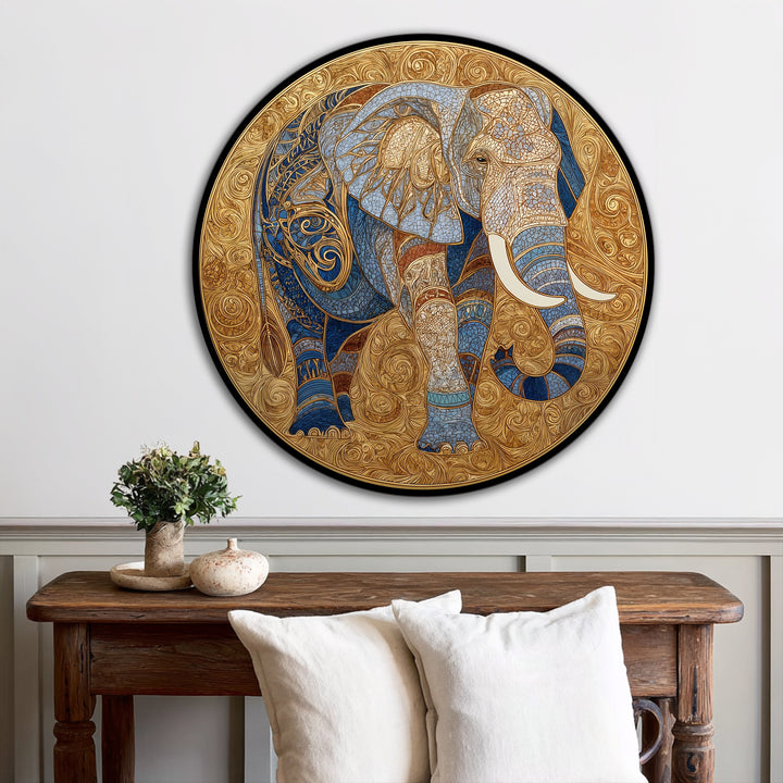 Stillness emanates from the majestic elephant in this golden sovereign round oil painting reproduction print, showcasing ornate details and a tranquil, mosaic-inspired design.