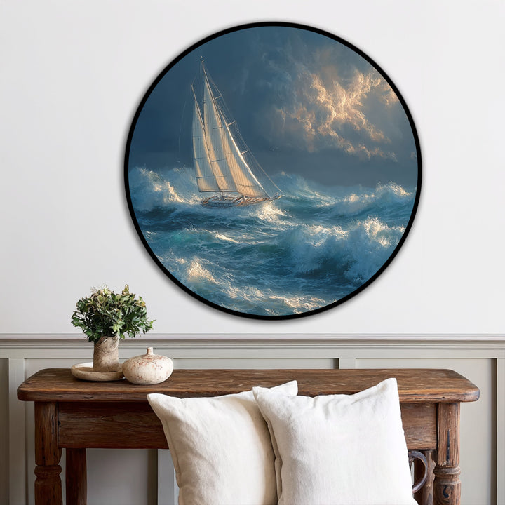 Horizontal orientation features a round oil painting artwork depicting a sailboat amidst stormy waves.