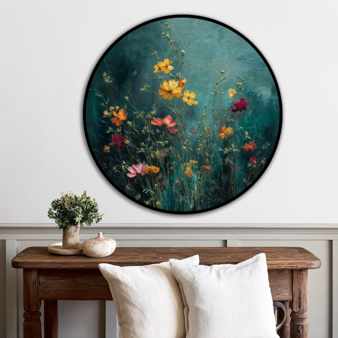 Whispering Meadow – Wildflower Garden Round Oil Painting