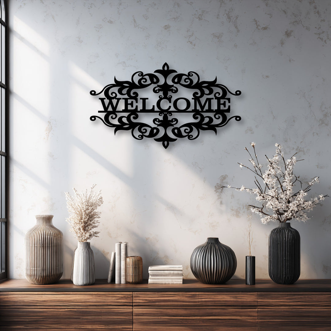 Abstract swirling motifs and elegant lines define the ornate welcome metal art for wall, creating a sophisticated and classic decorative piece.