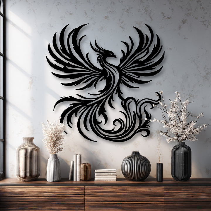 Organic forms define this phoenix metal art for wall, showcasing flowing wings and a stylized tail that captures the mythical bird rising design.