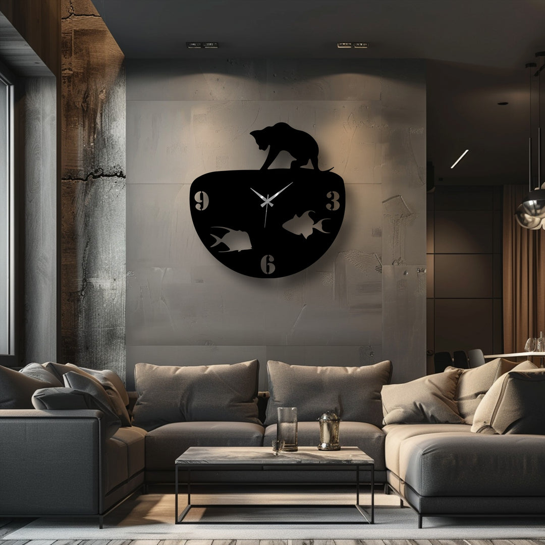 The negative space of the metal wall clock reveals a curious cat peering into a fish bowl, creating unique decoration wall art.