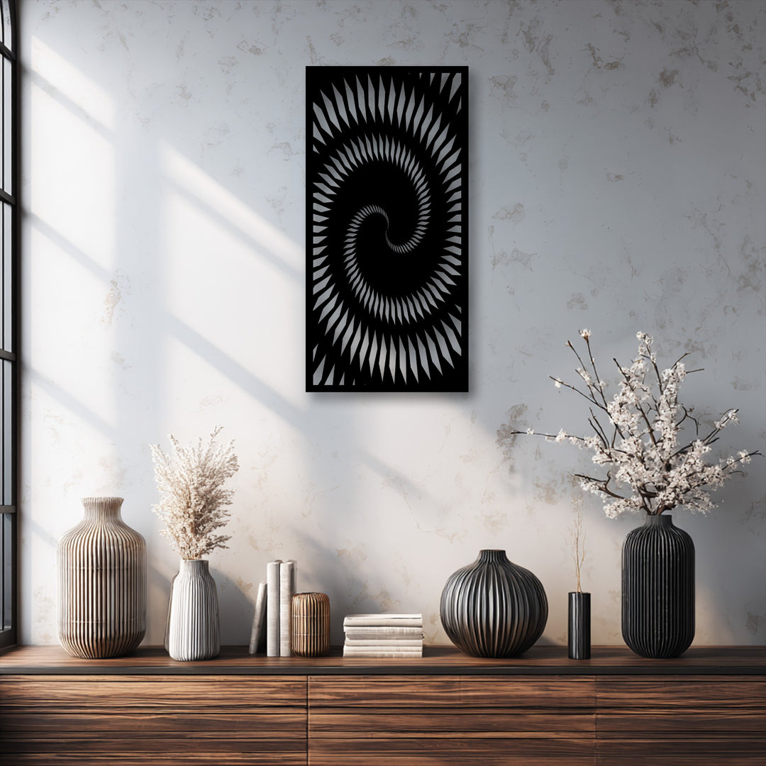Sunbeams illuminate the bright textured wall, creating a dynamic backdrop for the hypnotic spiral geometry decoration wall art.
