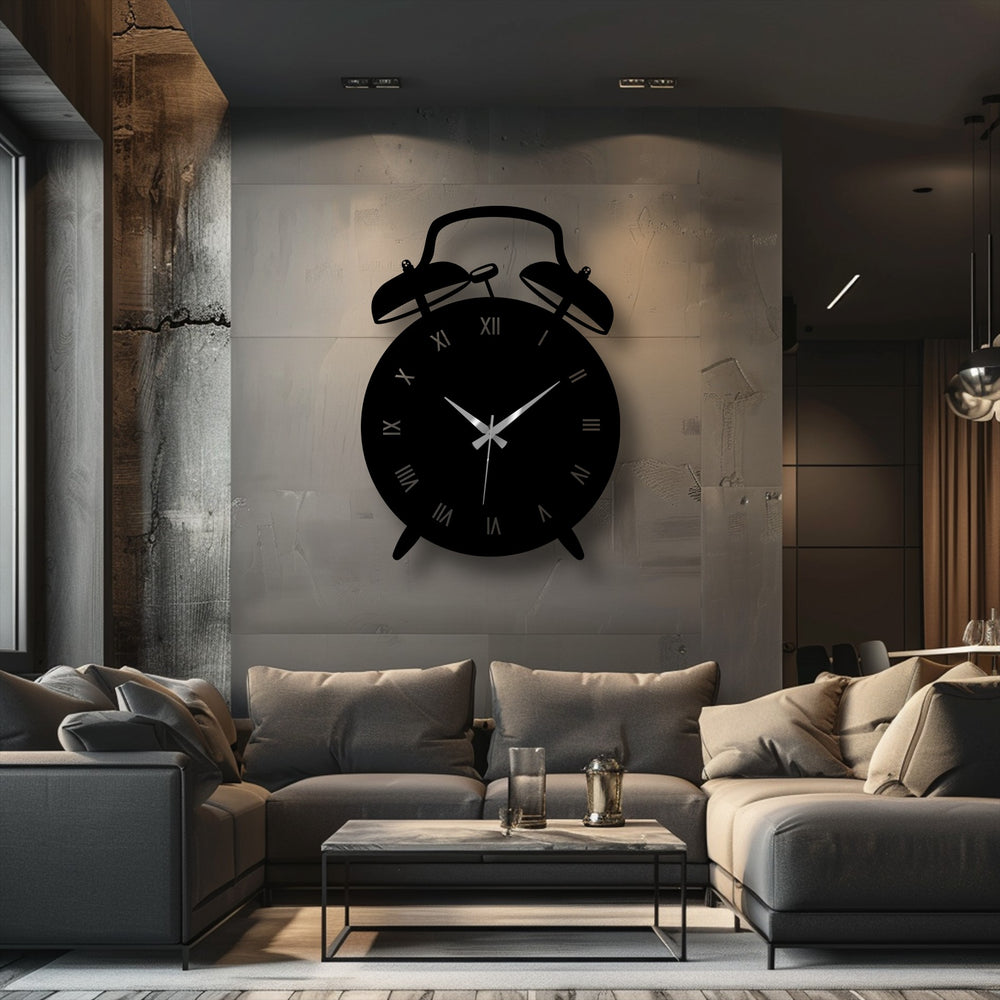 Horizontal alarm clock shape modern metal wall decor features Roman numerals and gold hands.