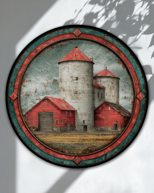 Highlighted as the central subject, a rustic red barn and silos landscape presented as big canvas prints, showcases vintage farm wall art in a distressed round format.