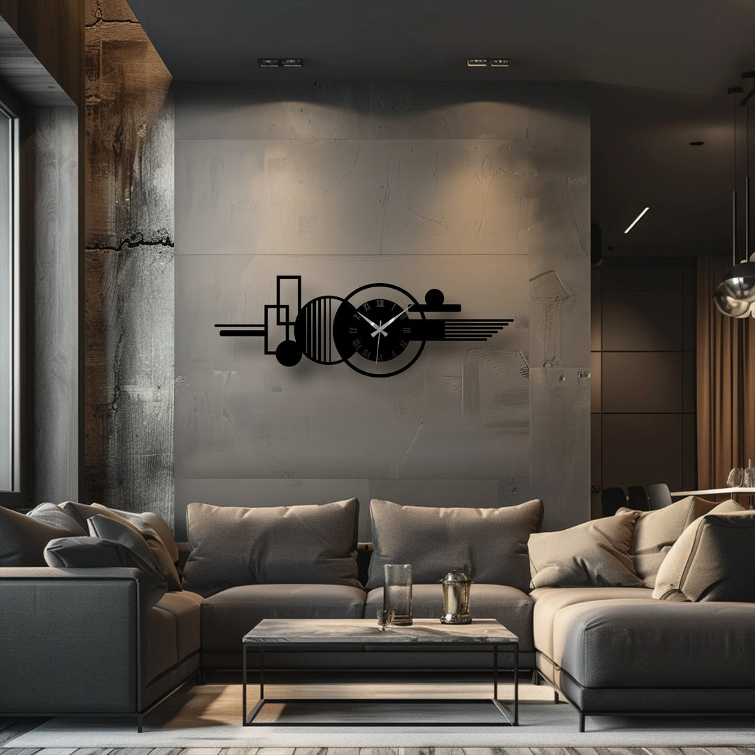 Highlighting the focal point, this unique metal wall art features a modern, abstract clock with roman numerals and geometric shapes, crafted from metal to create a striking statement piece.
