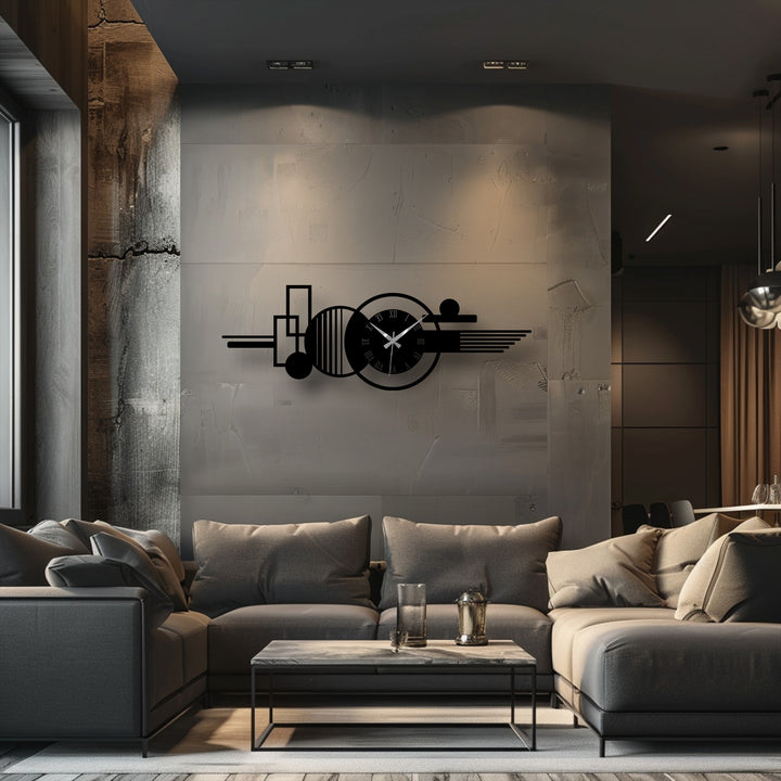 Highlighting the focal point, this unique metal wall art features a modern, abstract clock with roman numerals and geometric shapes, crafted from metal to create a striking statement piece.