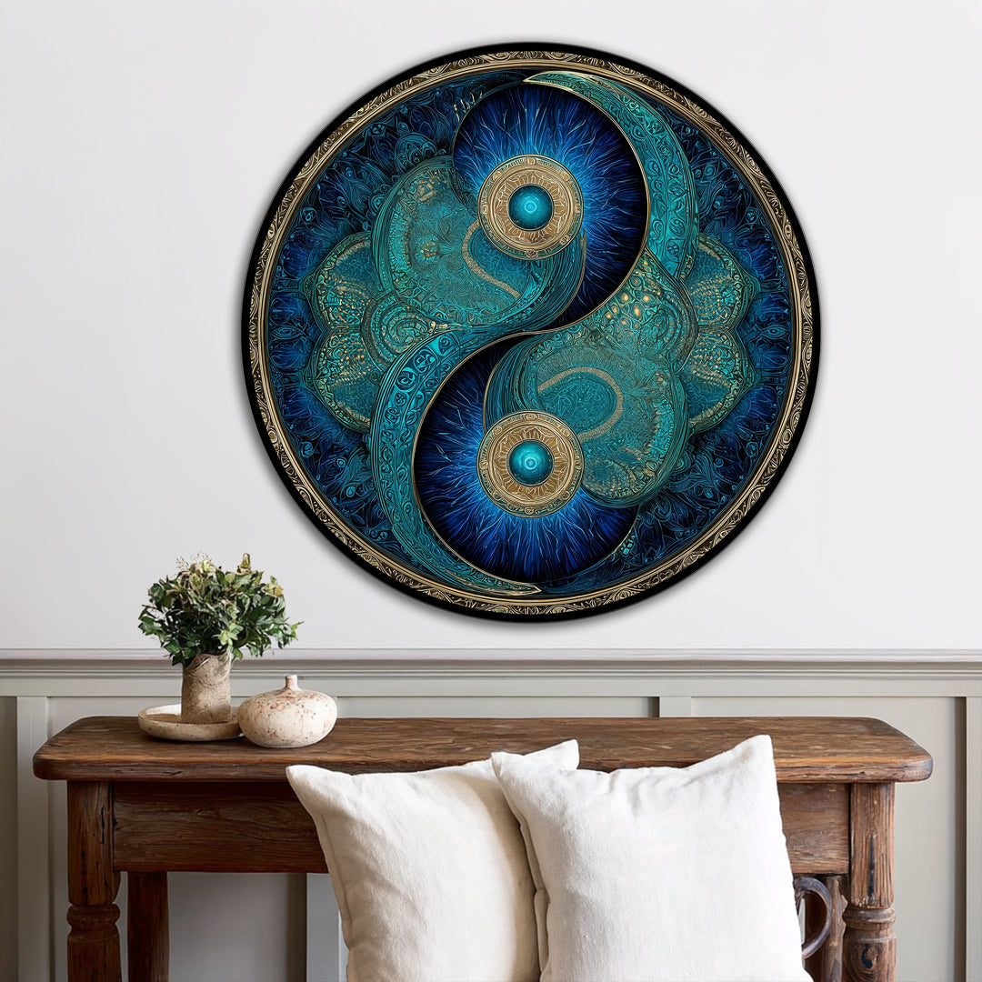 Équilibre Éternel–Turquoise Yin Yang Rond Tableau Peinture à l’huile