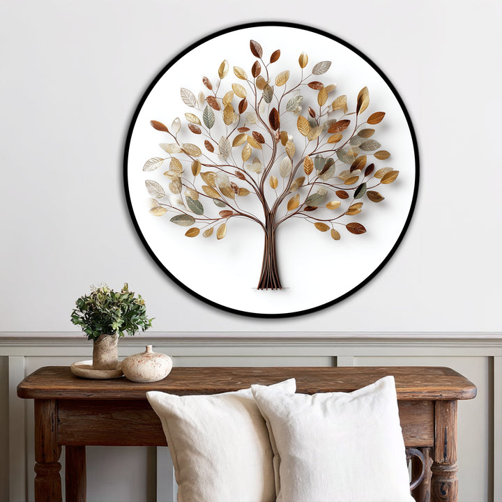 High color contrast makes the golden leaf tree stand out in this elegant round oil painting, adding a dramatic focal point to your oil painting home decor.
