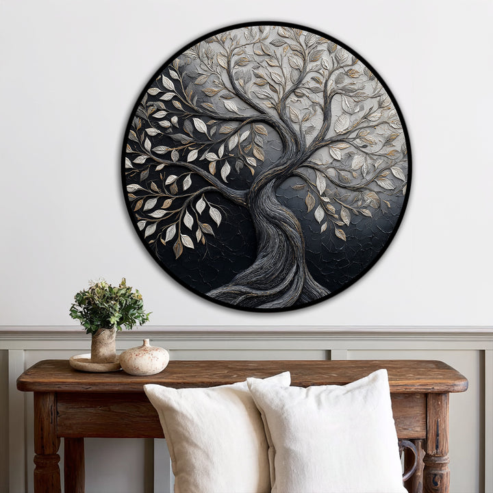 Cool color temperature dominates one half of the Eternal Contrast tree of life round oil painting reproduction print, opposed by a warmer tone on the other.