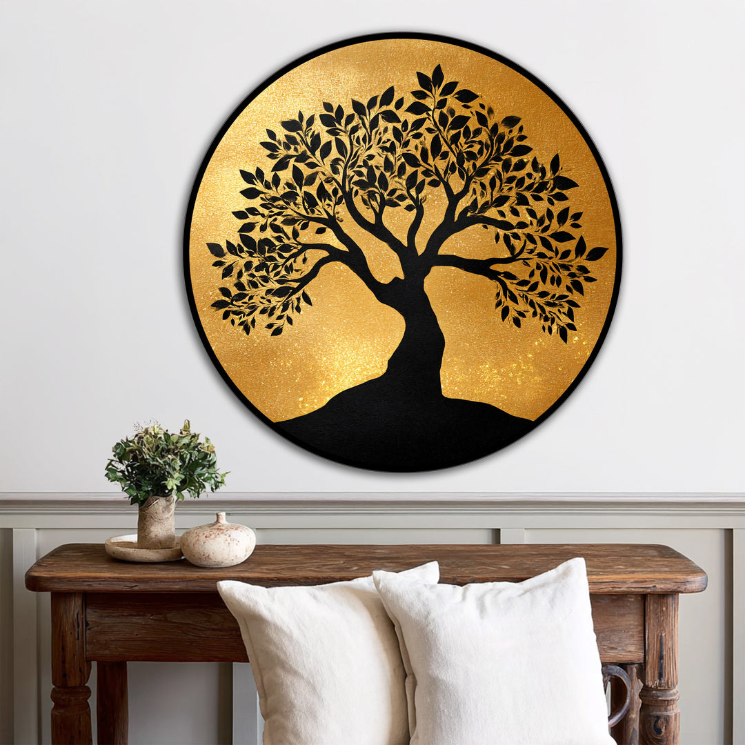 Golden Serenity – Silhouette di albero rotonda Quadro a Olio su legno