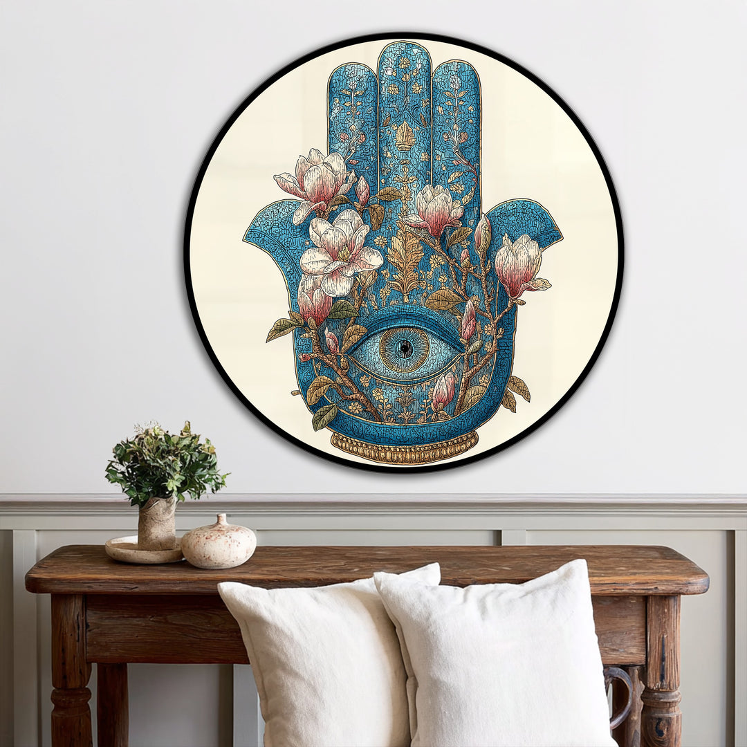 Tranquil, the floral Hamsa eye round oil painting offers a spiritual mood and artistic expression, creating a unique oil painting reproduction print.
