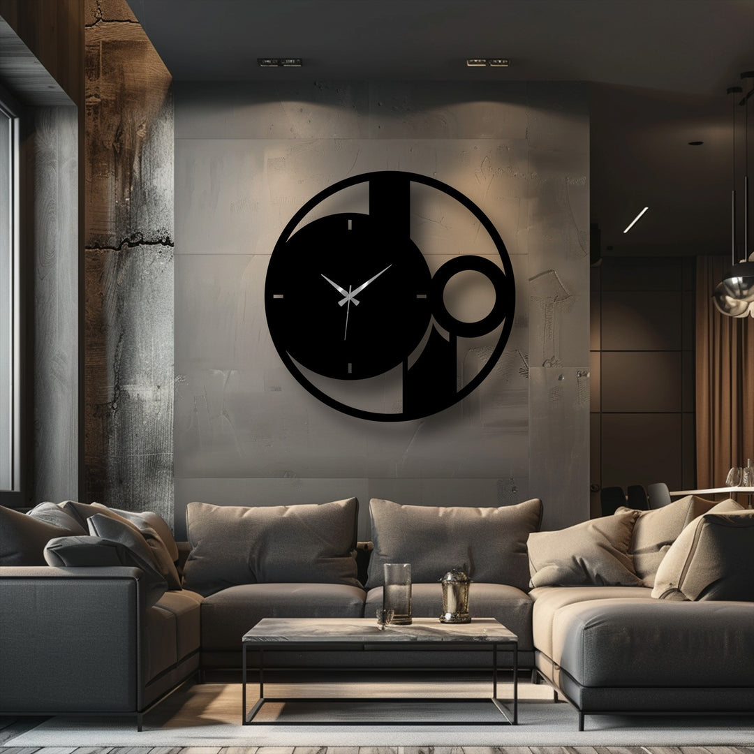 Subtle light and shadow highlight the abstract metal wall decor clock's circular design, casting a soft glow on the textured wall behind the timepiece.