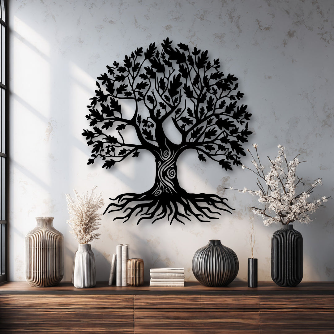 Surface texture highlights the intricate details of the ornate tree of life metal art for wall against a subtly mottled background.