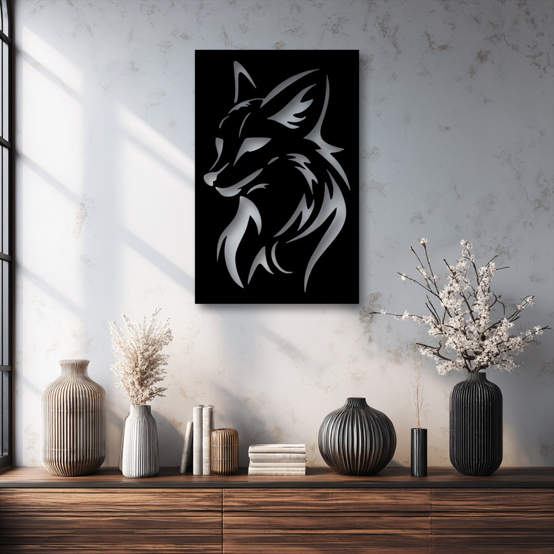The crisp edges and sleek borders of the black and silver tribal wolf head metal art for wall create a striking visual.