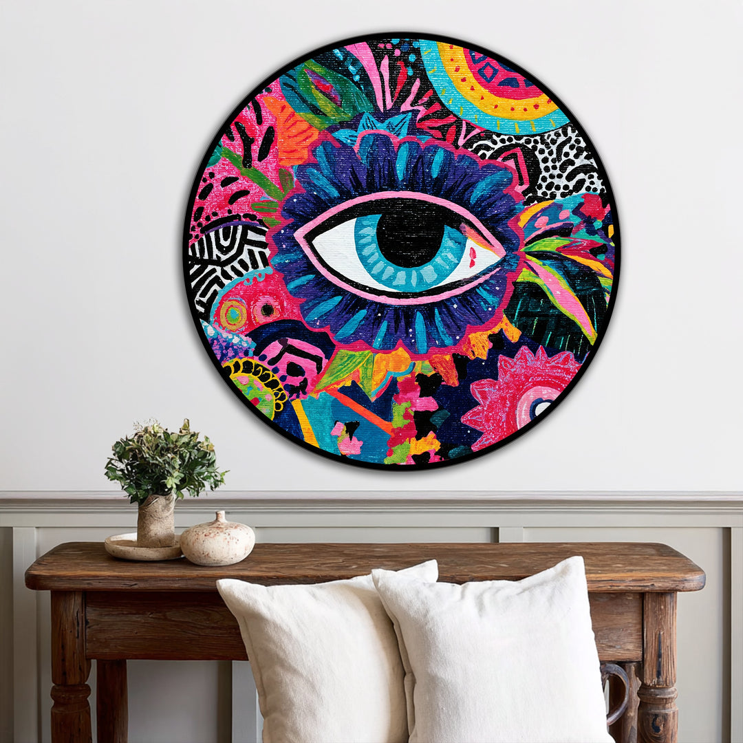 Vivid Mystic Eye – Colorful Abstract Round Oil Painting