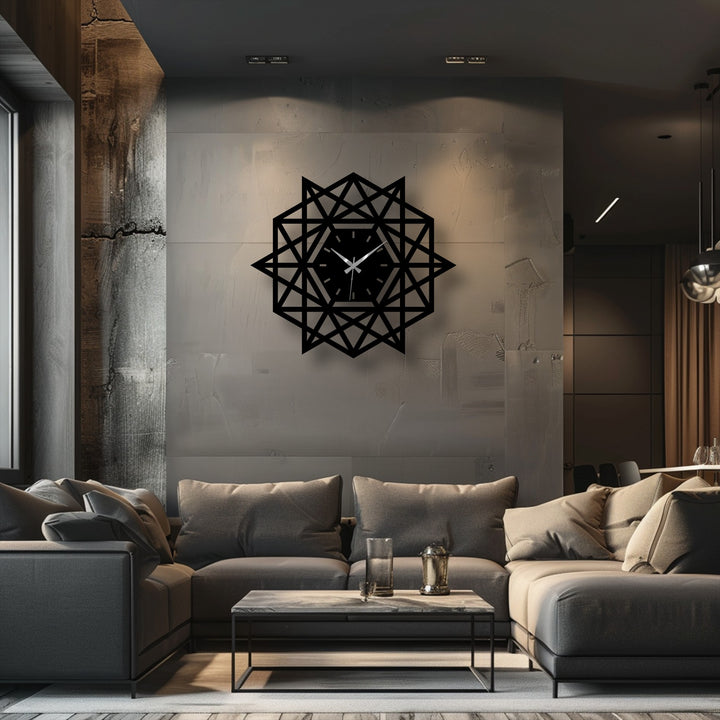 Horizontally oriented and star-shaped, the unique metal wall art clock features an intricate geometric design.