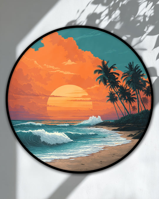 Vibrant color contrast defines the tropical sunset beach round canvas wall art, with a bright orange sky meeting the teal ocean in this striking canvas wall art.