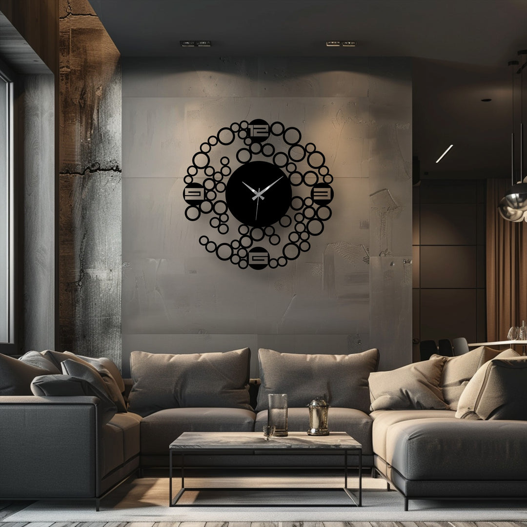 Illuminated by soft lighting, the image highlights the unique metal wall art of the bubble ring clock, contrasting against the dark interior's geometric design.