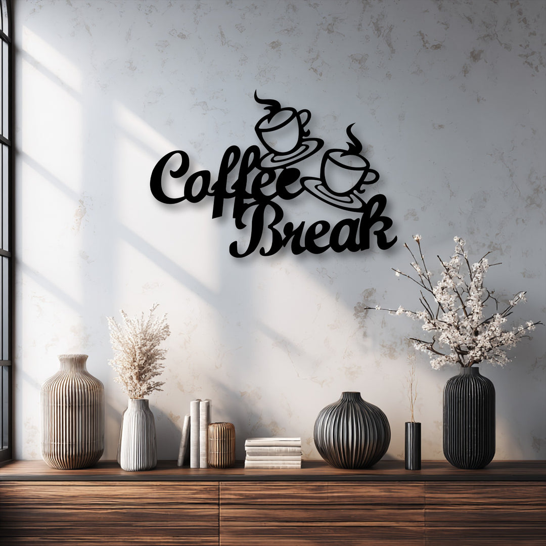 Layered depth is evident in the Coffee Break Script metal art for wall, subtly floating above the console with vases and books.