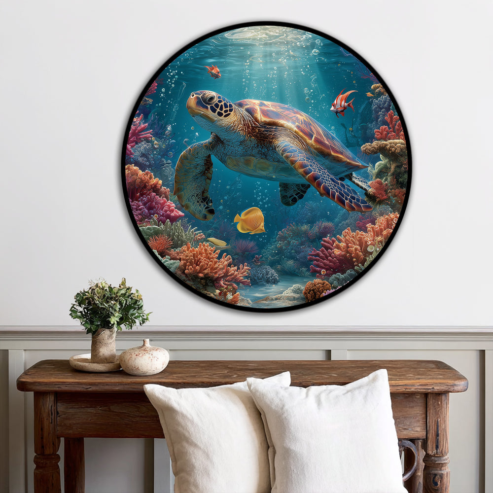 Undulating coral forms and the flowing sea turtle define the organic shapes in this modern oil painting art featuring colorful coral reefs.