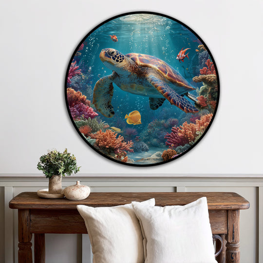 Undulating coral forms and the flowing sea turtle define the organic shapes in this modern oil painting art featuring colorful coral reefs.