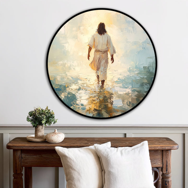 Dramatic color contrast highlights the modern oil painting art in this round wall art of a faith journey, with a figure walking into radiant light.