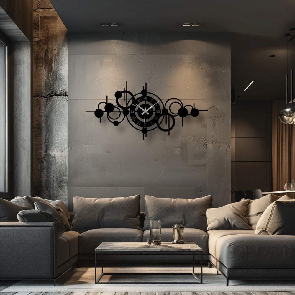 Low color saturation showcases a neutral room with the Abstract Circle Orbit Metal Wall Clock as unique metal wall art.