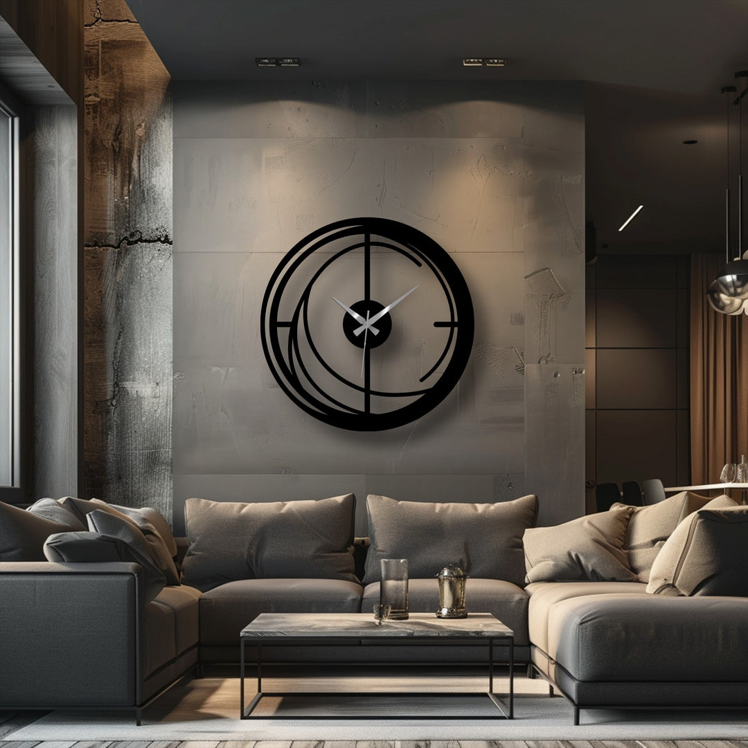 Highlighting the layering effect, the spiral metal artwork in this modern wall clock creates a captivating, abstract design with intricate lines against the wall.