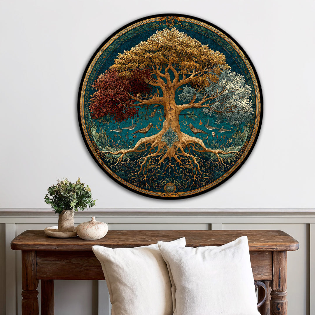Circular 'tree of seasons' oil painting art prints featuring a stylized tree with roots and geometric floral patterns encircling the design.