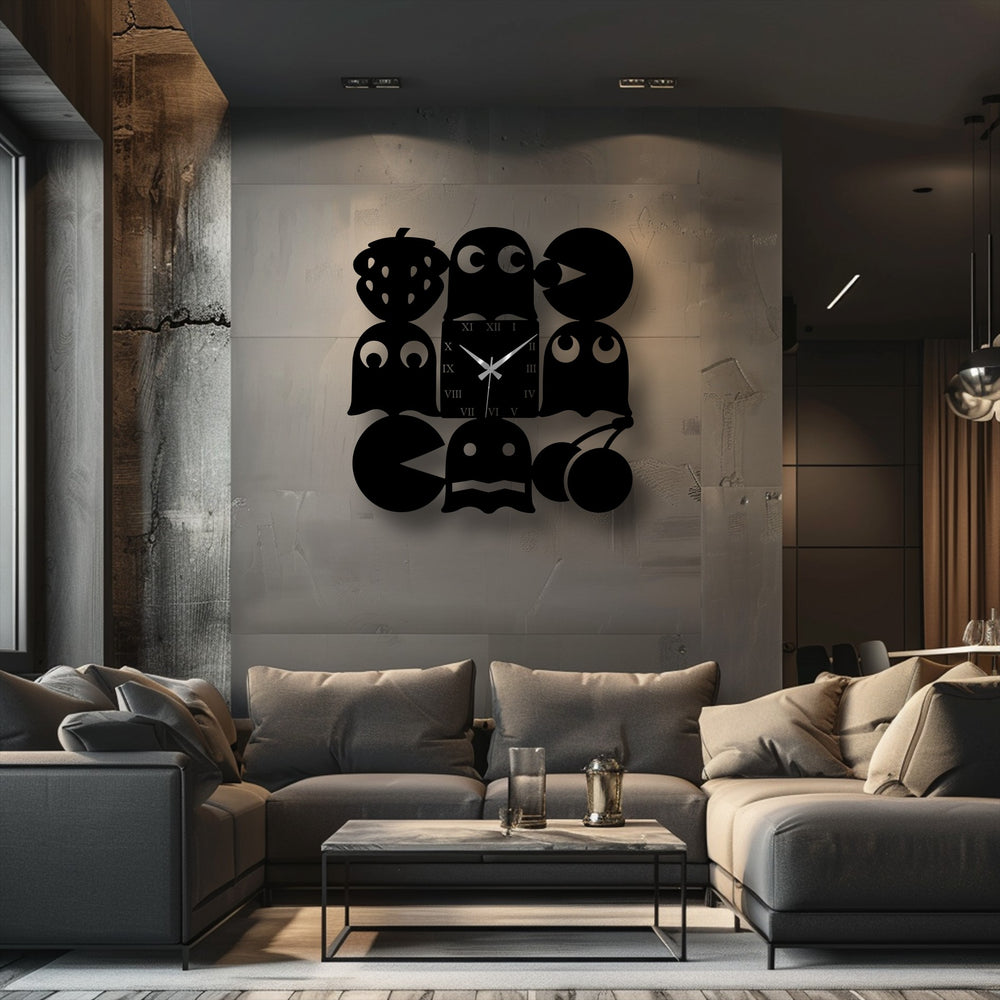 Charcoal tones dominate this stylish living space featuring a unique retro arcade metal art for wall clock with playful character design.