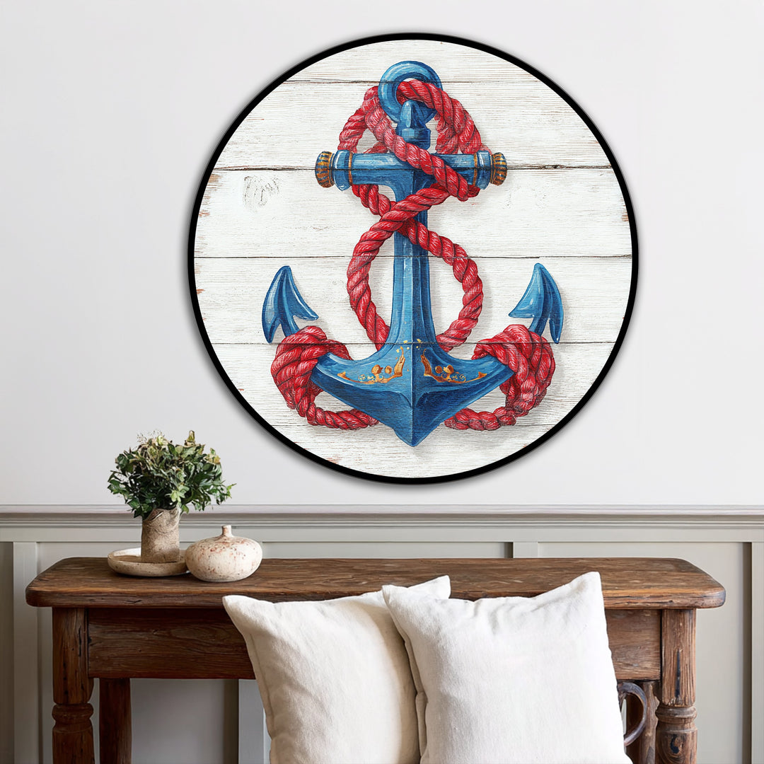 Vibrant red rope contrasts against the deep blue of a nautical anchor in this round oil painting wall art, exemplifying a striking coastal home decoration.
