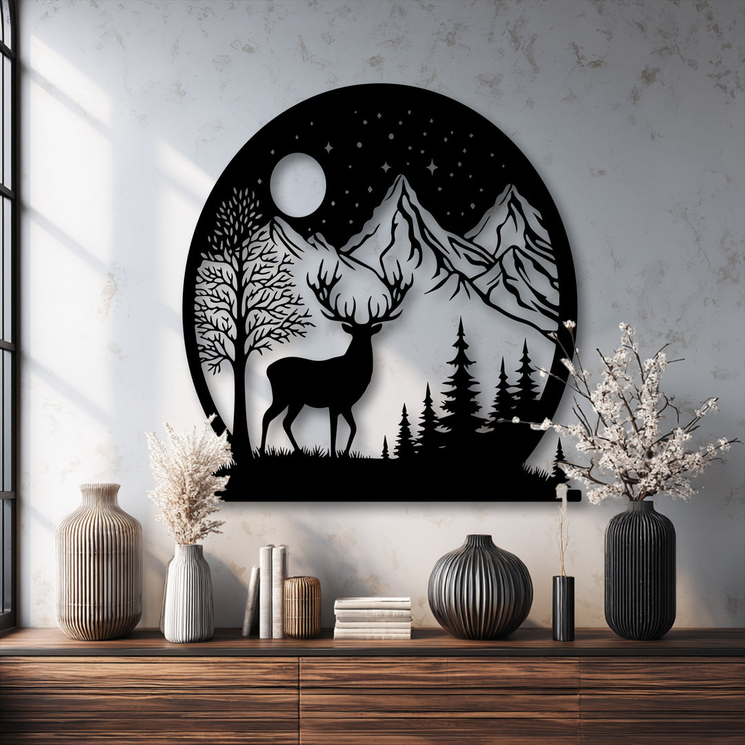 Subtle textures of the mottled wall and ribbed vases contrast with the smooth finish of the decorative metal art of a deer and mountain scene.