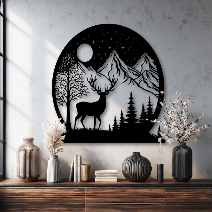 Subtle textures of the mottled wall and ribbed vases contrast with the smooth finish of the decorative metal art of a deer and mountain scene.