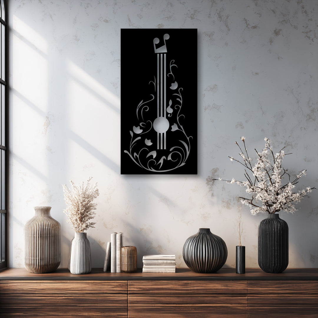 Visual rhythm beautifully defines this elegant metal artwork, a music-inspired floral guitar design with flowing lines and harmonious notes.