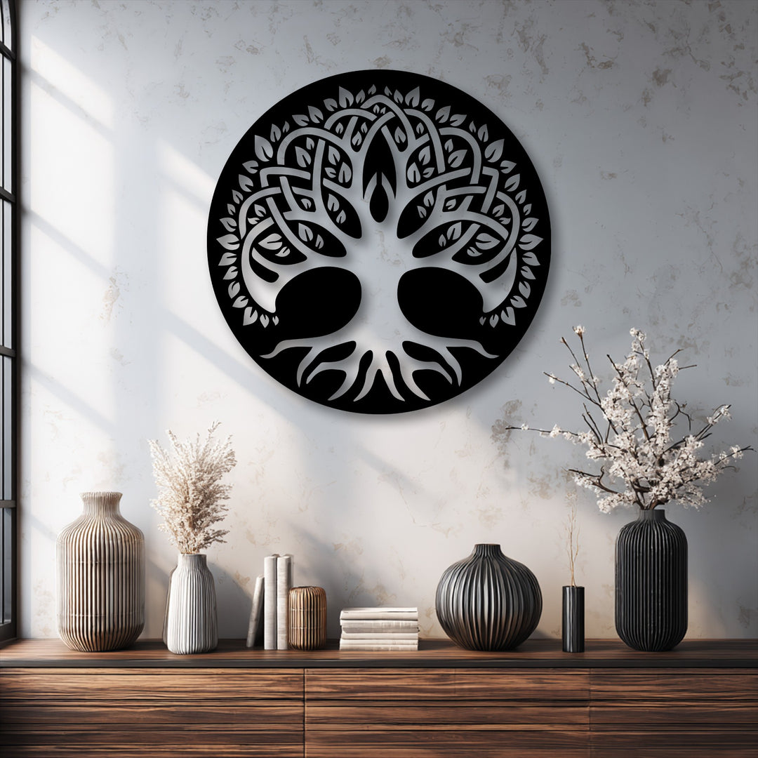 Dynamic intertwining branches of the Celtic Sacred Tree of Life metal art for wall evoke a sense of continuous organic movement.