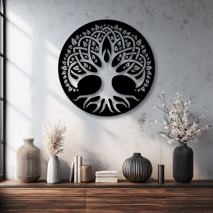 Dynamic intertwining branches of the Celtic Sacred Tree of Life metal art for wall evoke a sense of continuous organic movement.