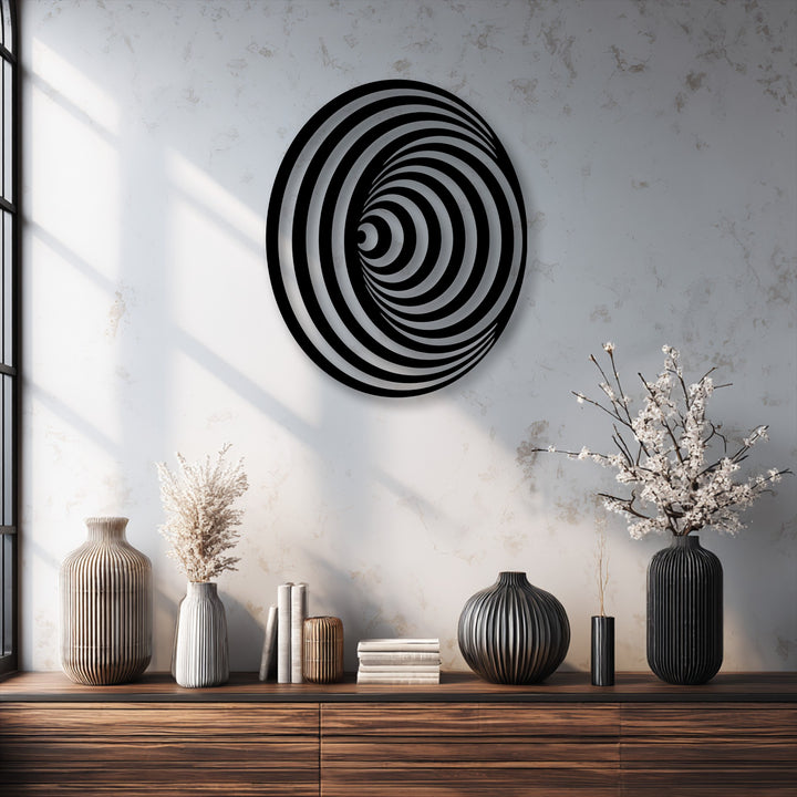 Depth and layers are vividly showcased in the hypnotic spiral circle metal decoration wall art, creating a modern geometric illusion.