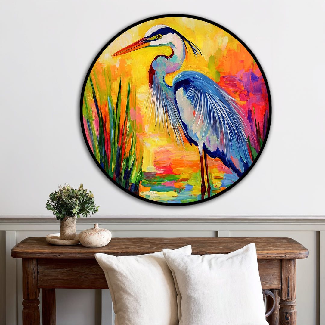 Framed round oil painting art prints depict a heron amid angular brushstrokes, with vibrant geometric shapes creating an abstract marsh scene.