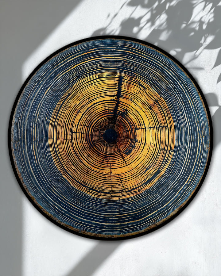 Framed with a sleek black border, this round Golden Tree Rings Abstract Print on hanging canvas presents a gallery-wrapped edge adding depth.