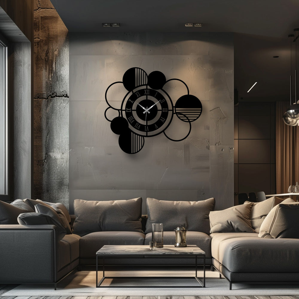 Concrete surface textures contrast with the smooth, black metal art for wall in the modern abstract circle clock, adding depth to the geometric Roman numeral decor.