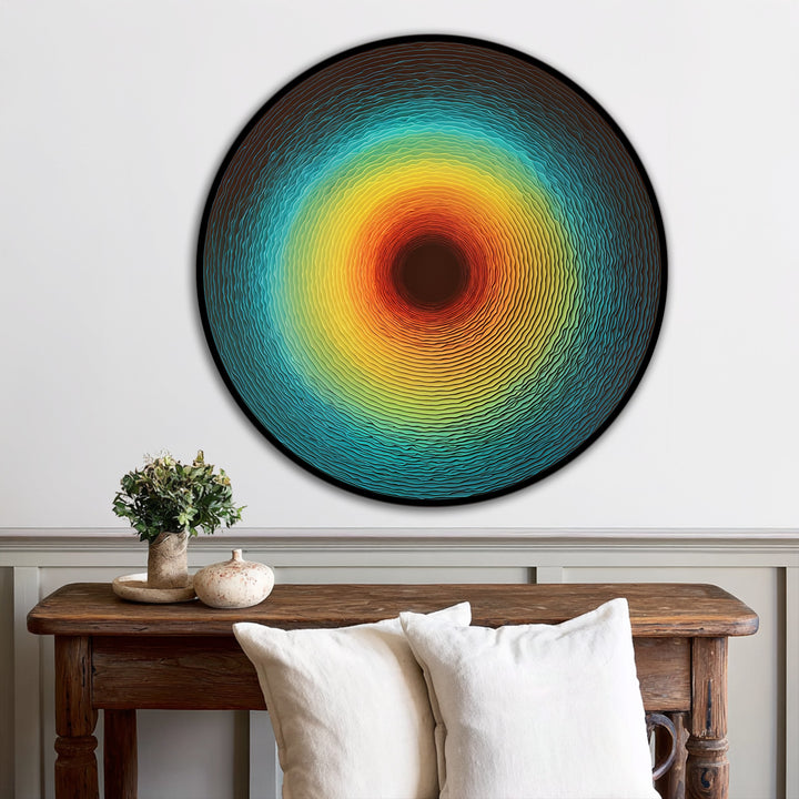 A black border frames the concentric circles of the Solar Pulse Disc, highlighting its bold edge and radiant texture as an eye-catching oil painting decoration.