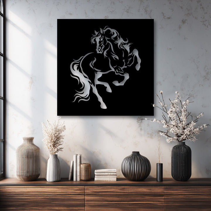 A powerful and elegant rearing horse silhouette defines this unique metal wall art against a black background.