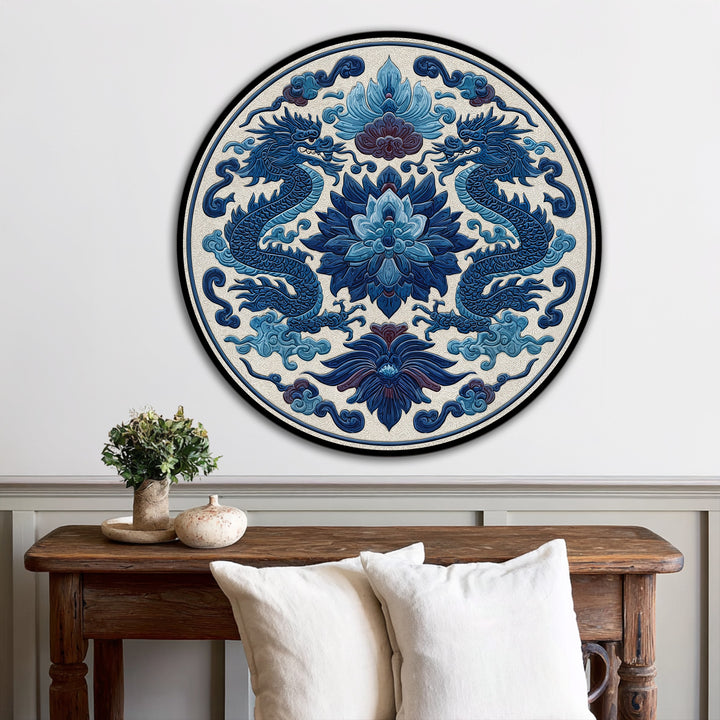 Detailed depth and layers bring this royal blue twin dragons round oil painting art piece to life with raised floral motifs and swirling clouds.