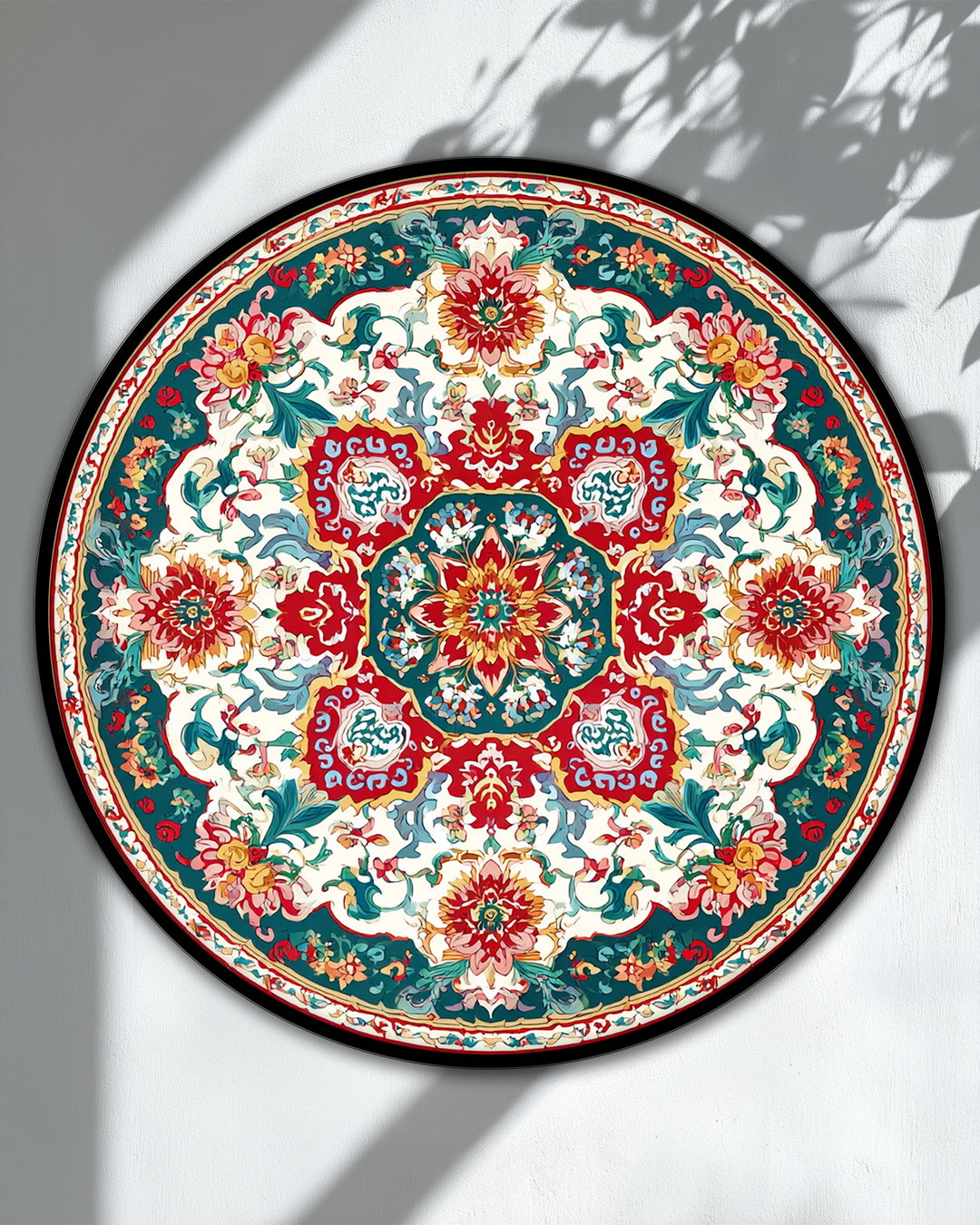 Chromatic canvas pictures capture the vibrant transition between red, yellow, green, and white hues in this ornate floral medallion round canvas print.