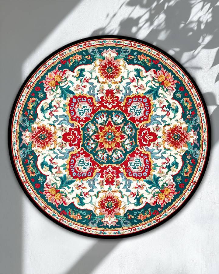 Chromatic canvas pictures capture the vibrant transition between red, yellow, green, and white hues in this ornate floral medallion round canvas print.