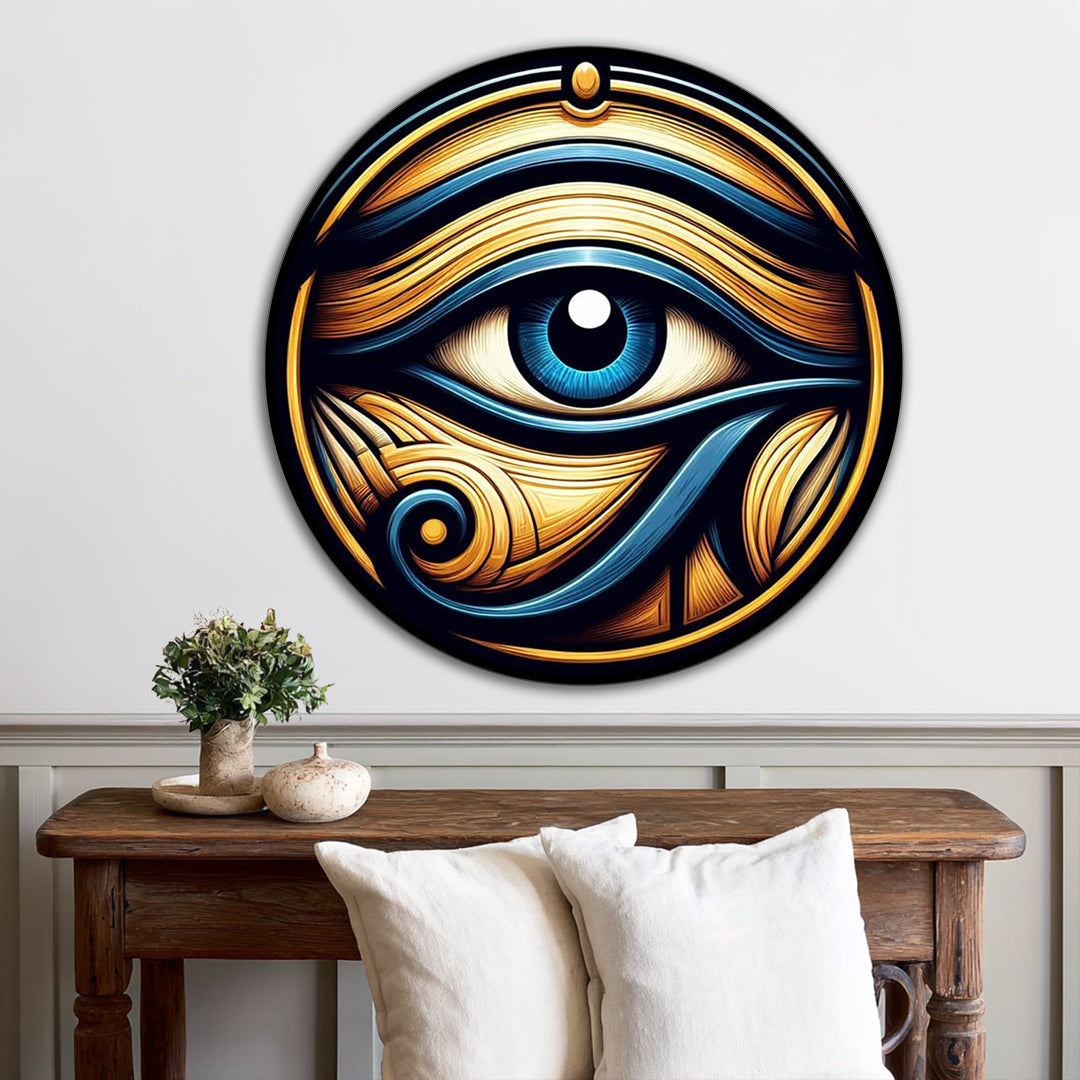 Visual rhythm flows through this Eye of Horus round oil painting home decor, showcasing an Egyptian-inspired circular design in mesmerizing gold and blue tones.
