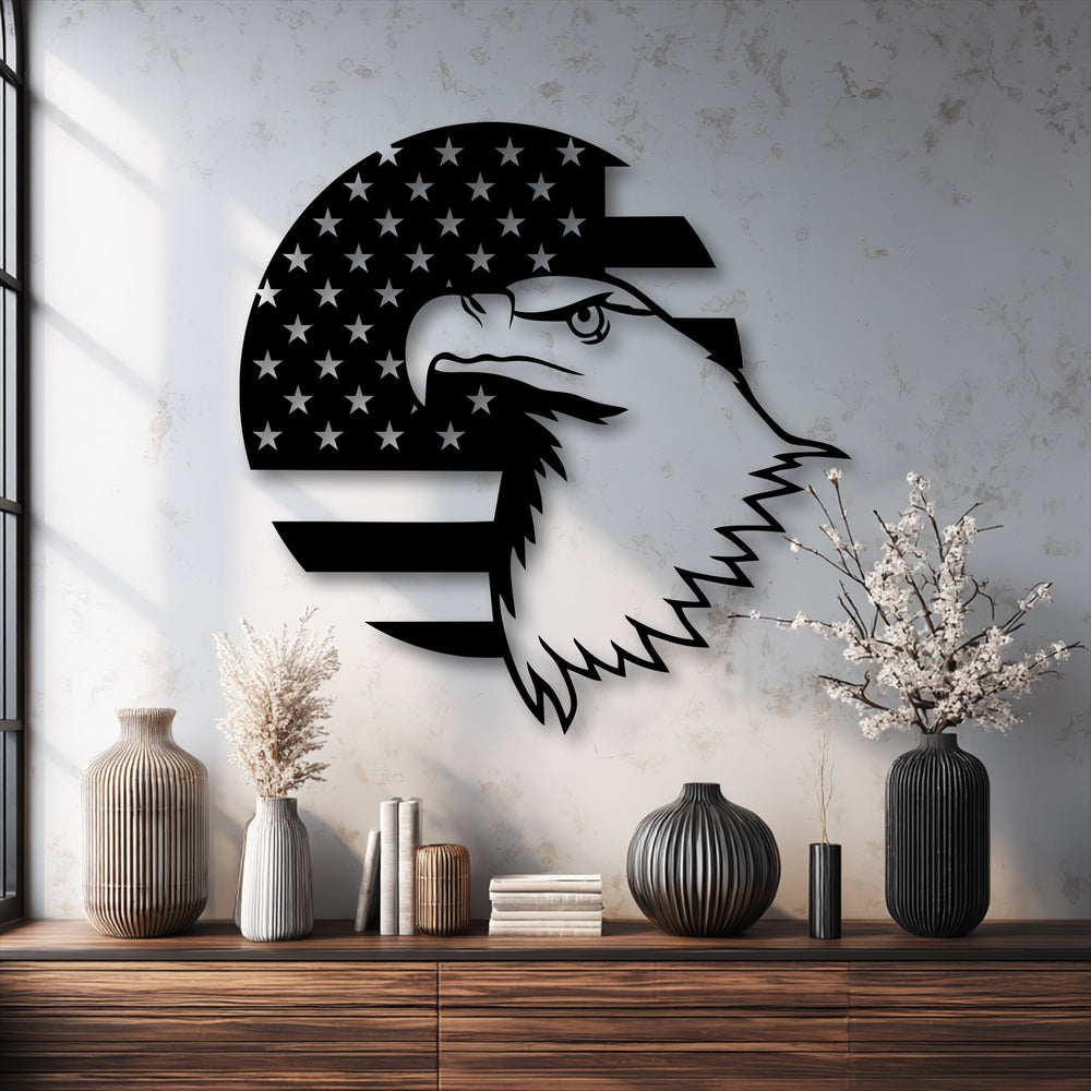The illuminated white details of the bald eagle's head and the stars pop from this patriotic American Flag unique metal wall art.
