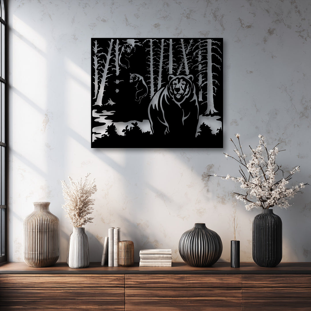 The premium material quality of this unique metal wall art vividly portrays a wild forest bear nature wildlife scene.